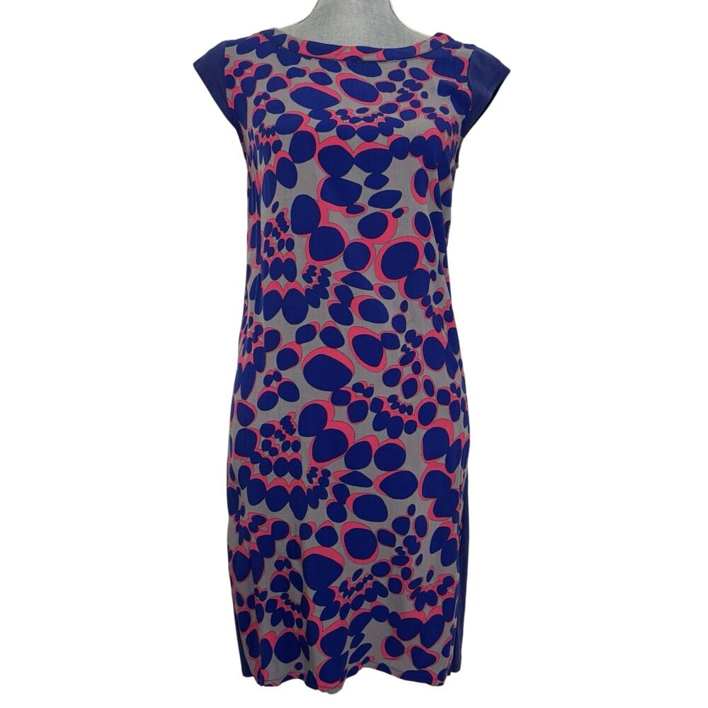 Boden Pink Blue Geometric Abstract Dress 6 Cap Sleeve Knee Length Modest